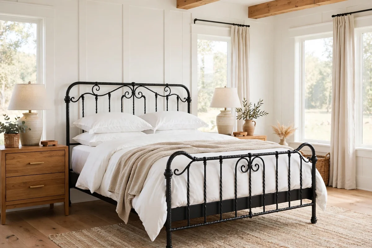 Black wrought iron bed frame with white bedding in farmhouse bedroom