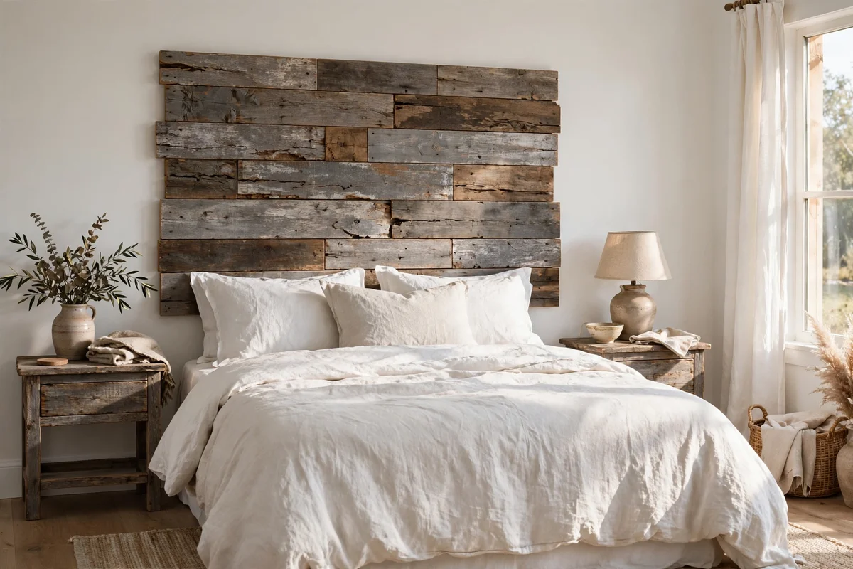 Reclaimed wood plank headboard with weathered finish behind farmhouse bed