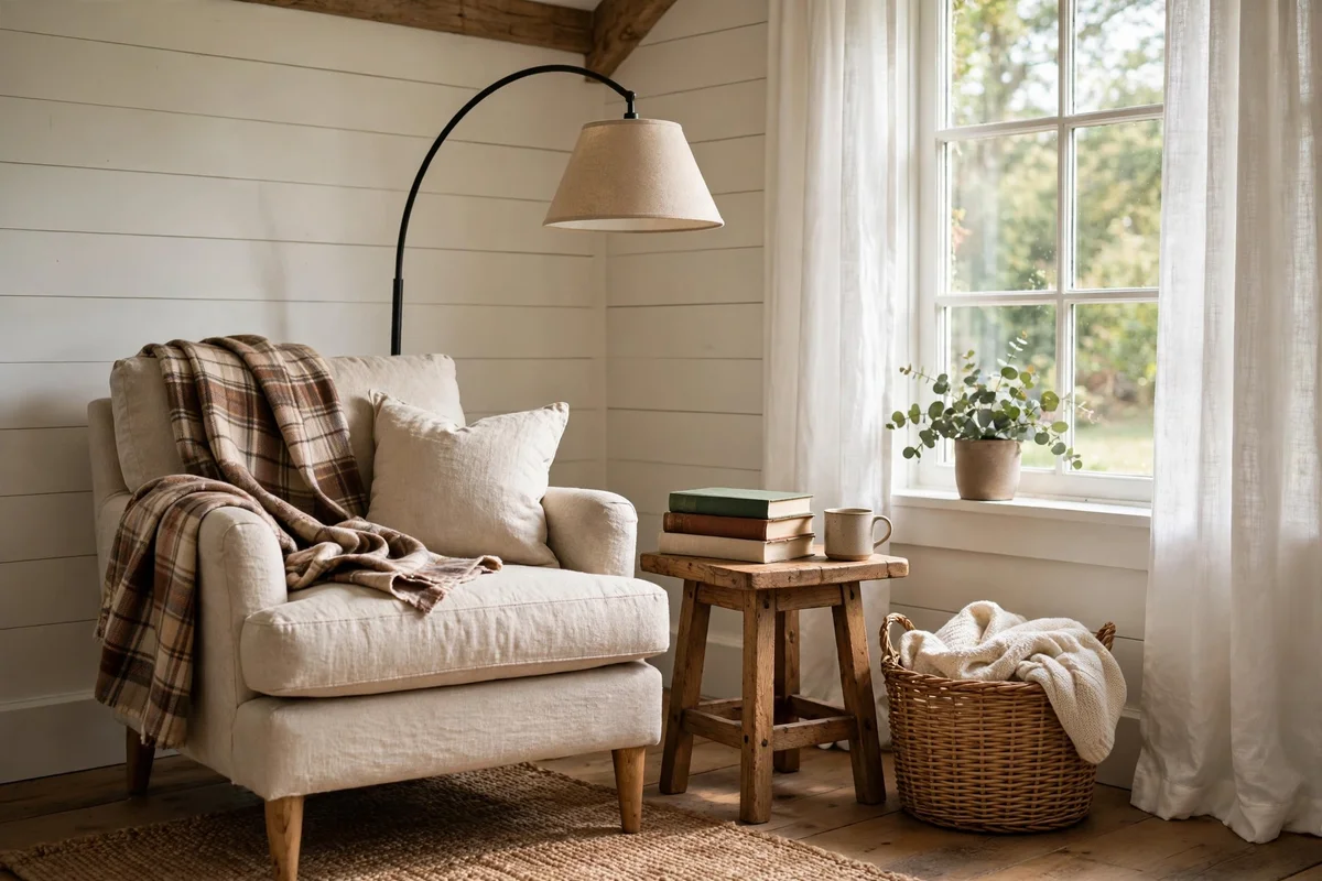 Cozy farmhouse bedroom reading nook with armchair and floor lamp