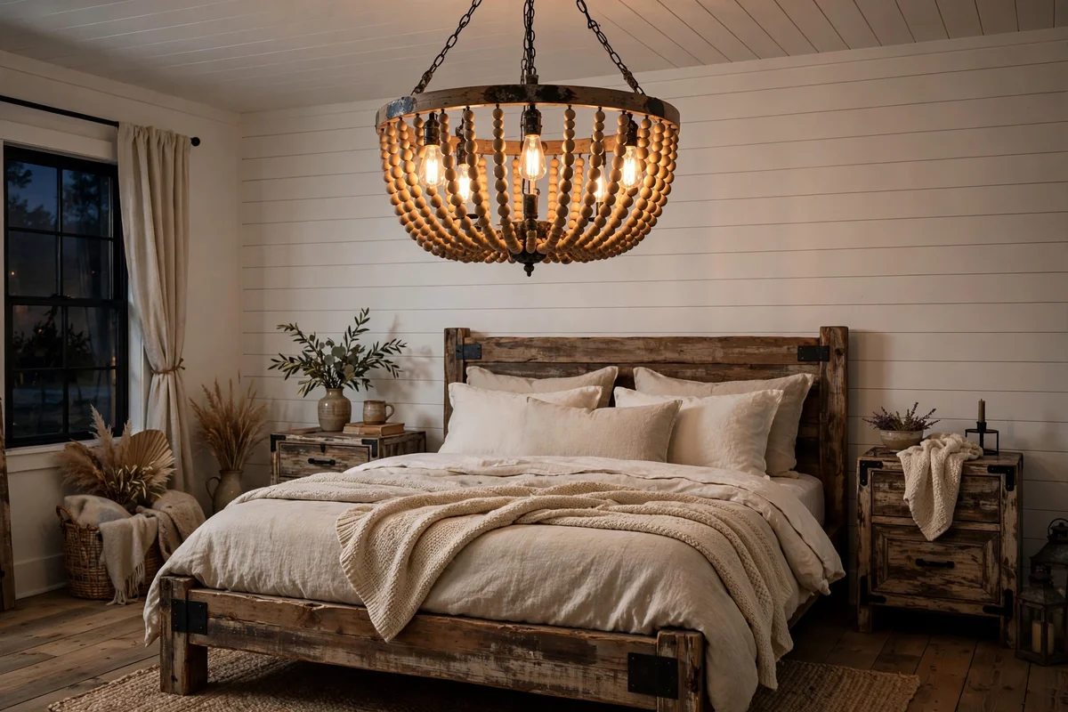 Farmhouse chandelier with wood and metal hanging over bedroom