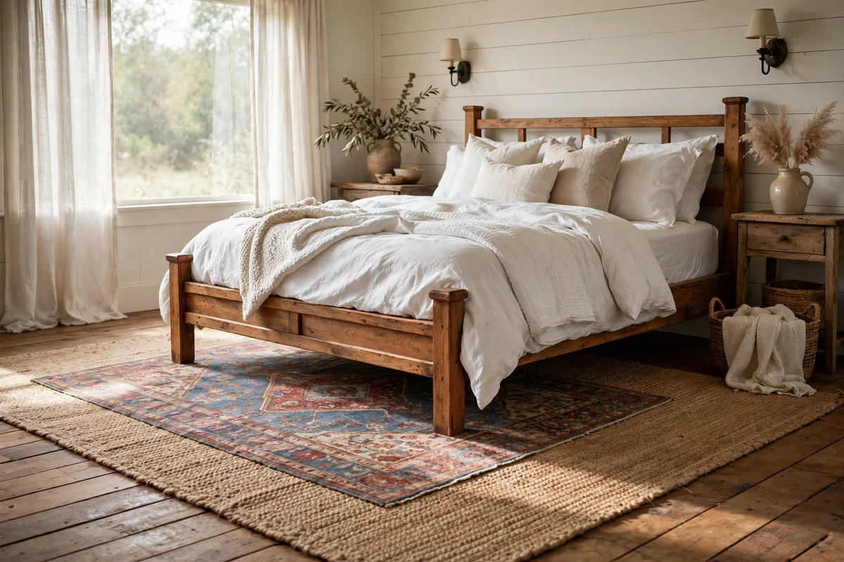 Farmhouse bedroom with large neutral jute area rug under bed