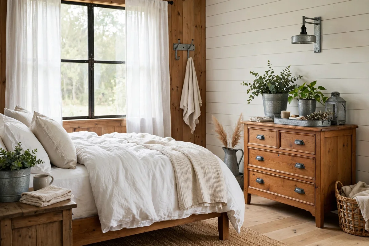 Galvanized metal planters and accents in farmhouse bedroom