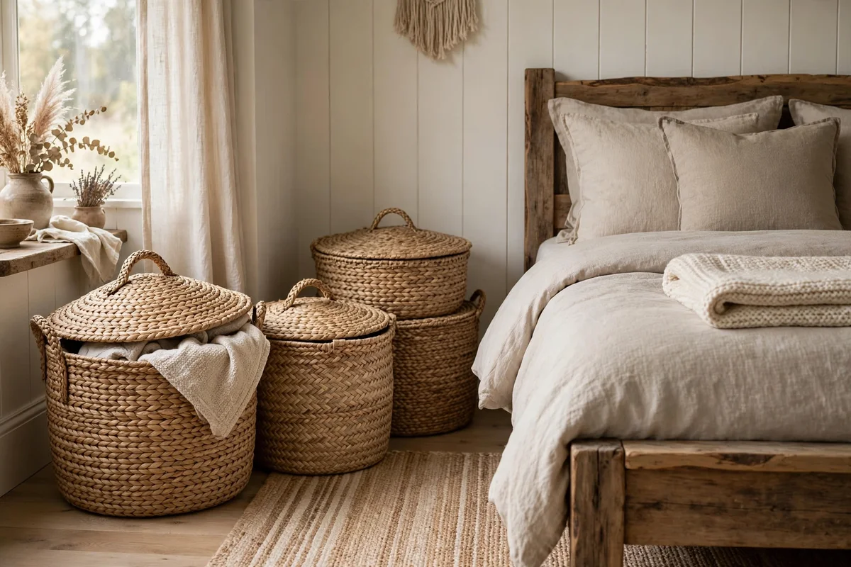 Woven seagrass baskets for storage in farmhouse bedroom