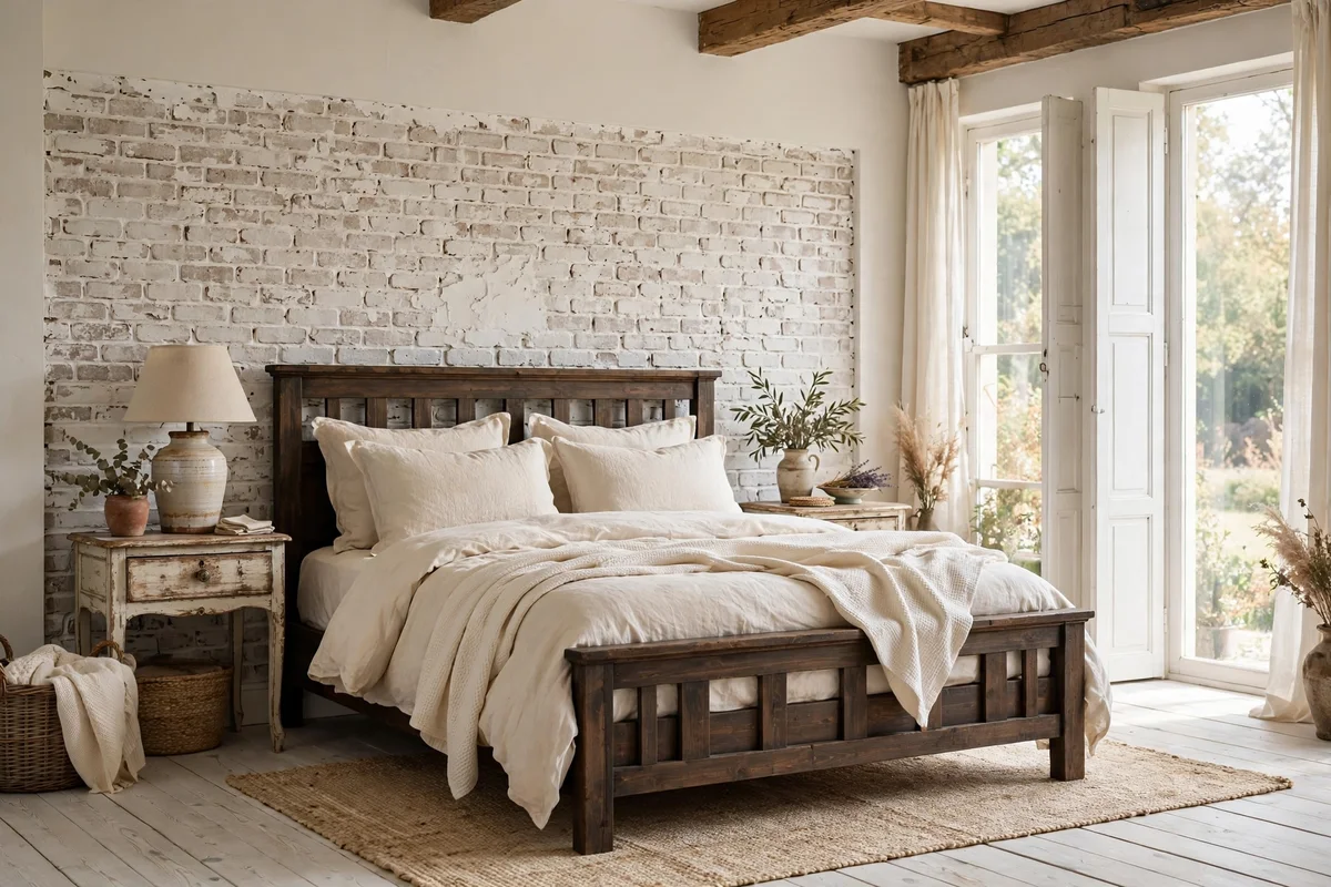 Whitewashed brick accent wall in farmhouse bedroom