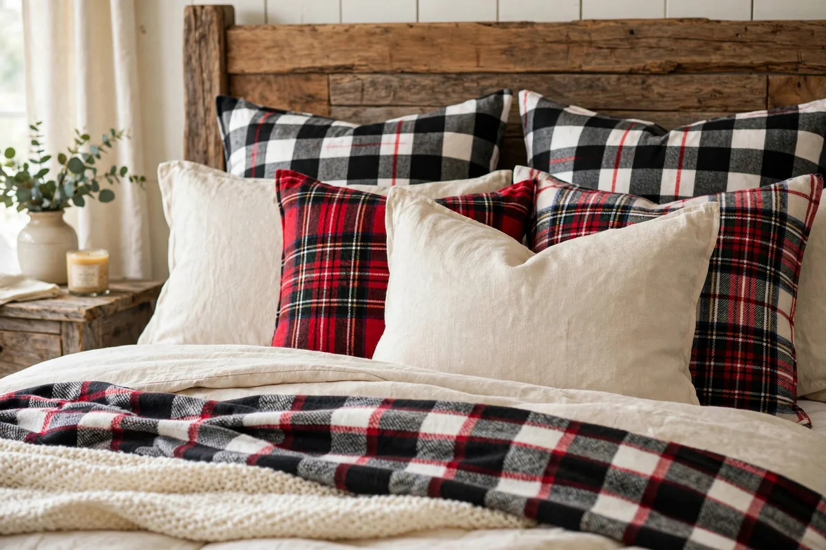 Farmhouse bed styled with plaid and buffalo check throw pillows