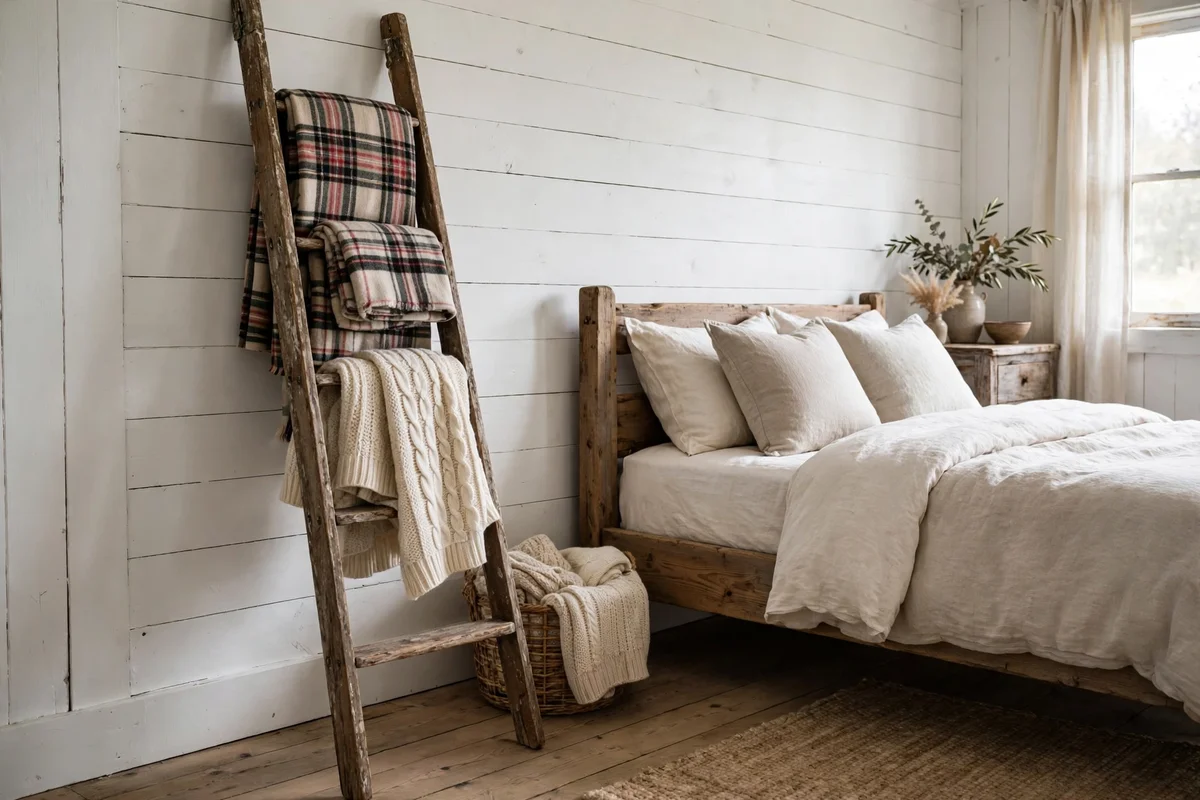 Wooden ladder holding folded blankets in farmhouse bedroom