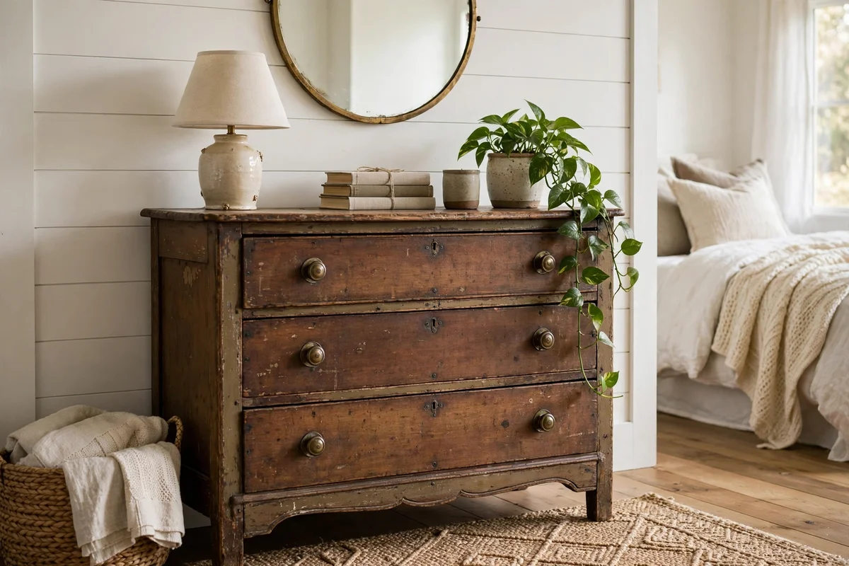 Antique wooden dresser with vintage hardware in farmhouse bedroom