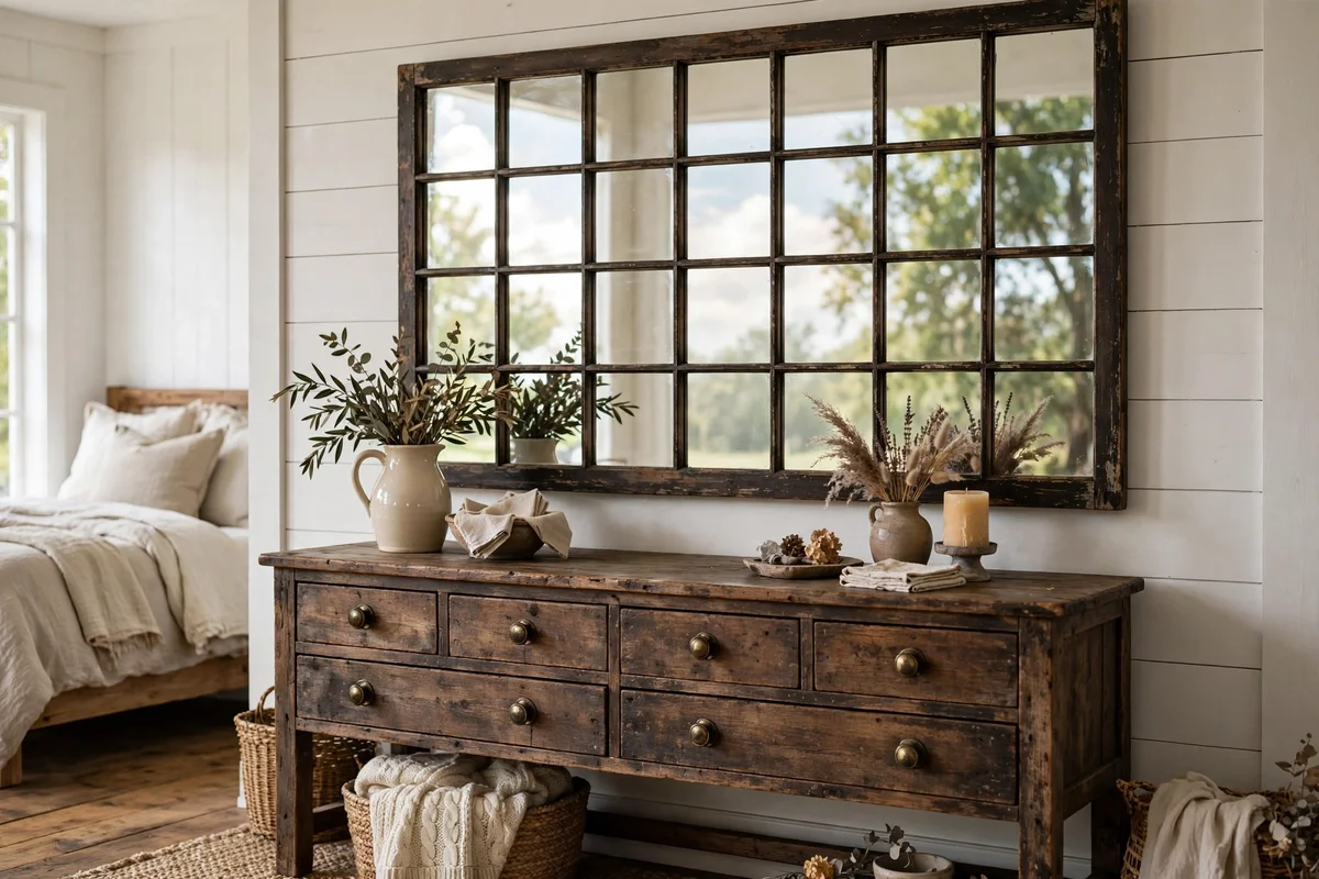 Large window-pane mirror with distressed wood frame in farmhouse bedroom