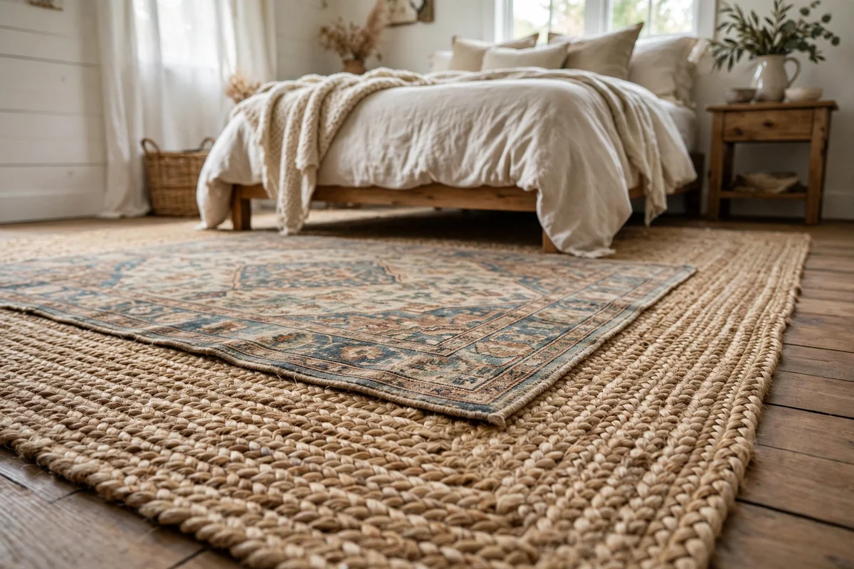 Layered jute rug with vintage patterned rug in farmhouse bedroom