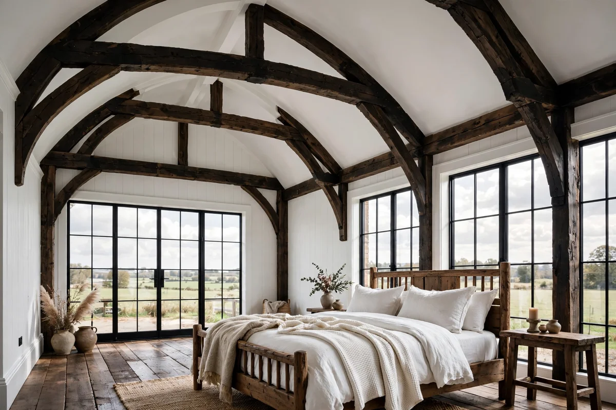 White vaulted ceiling with dark exposed wood beams in farmhouse bedroom