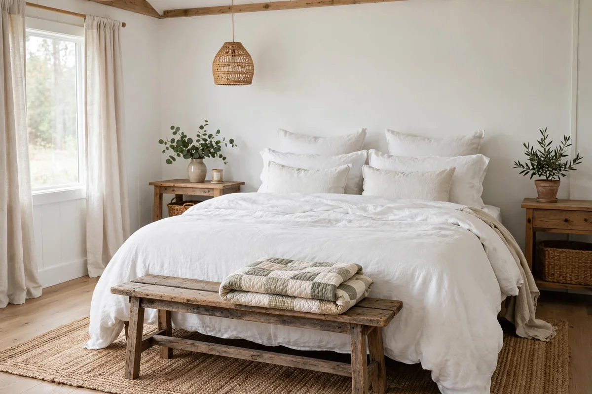Wooden bench with cushion at foot of farmhouse bed