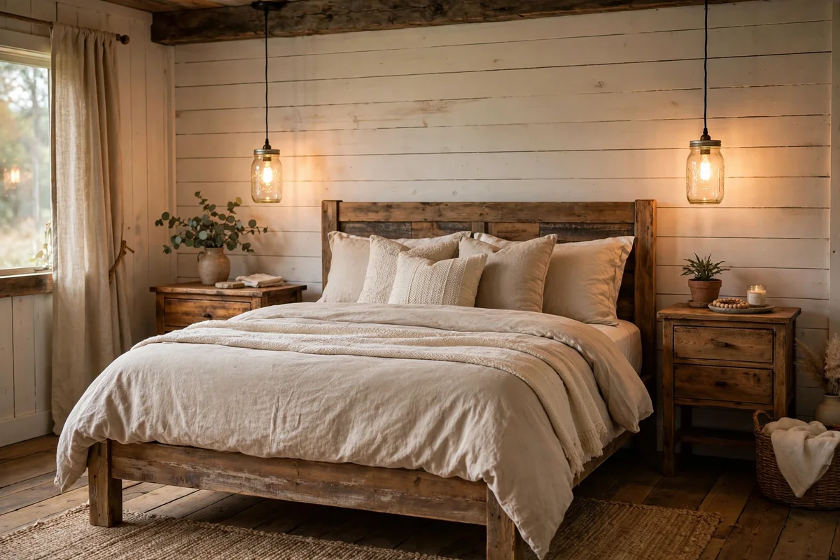 Mason jar pendant lights hanging beside farmhouse bed