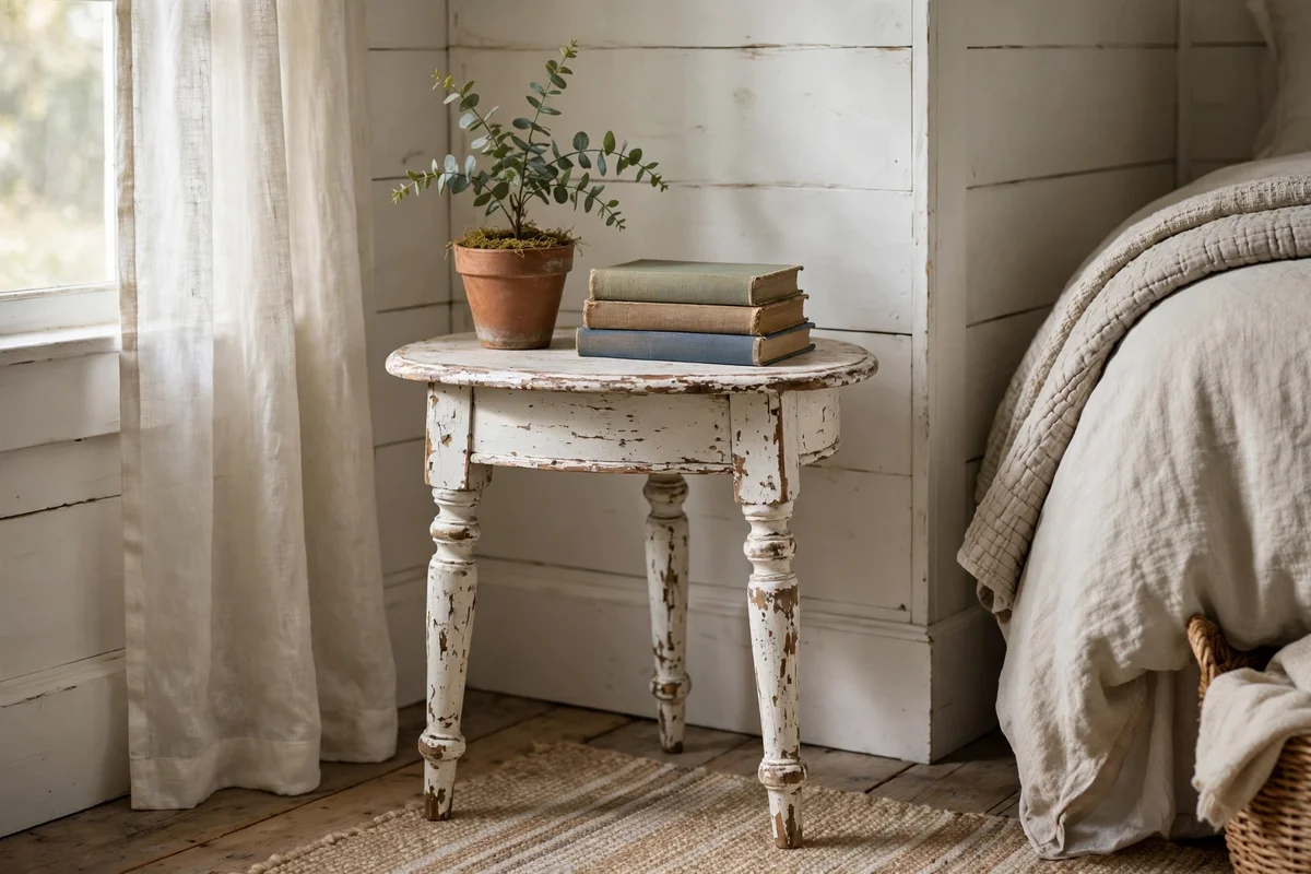 Distressed white wooden side table in farmhouse bedroom
