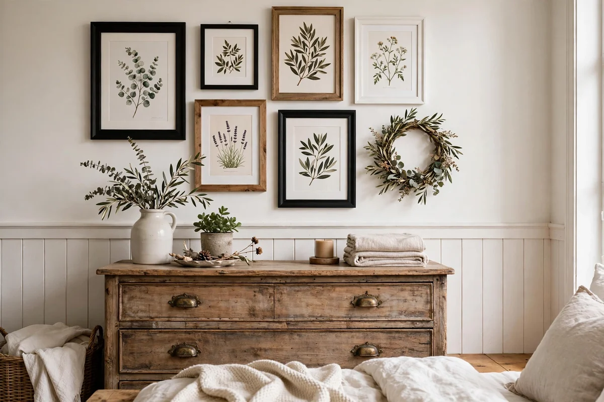 Farmhouse gallery wall with botanical prints and vintage signs