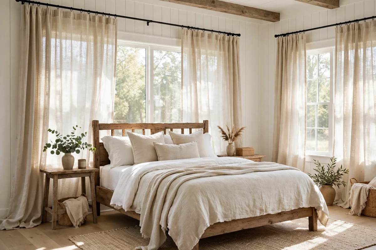Floor-length natural linen curtains in farmhouse bedroom