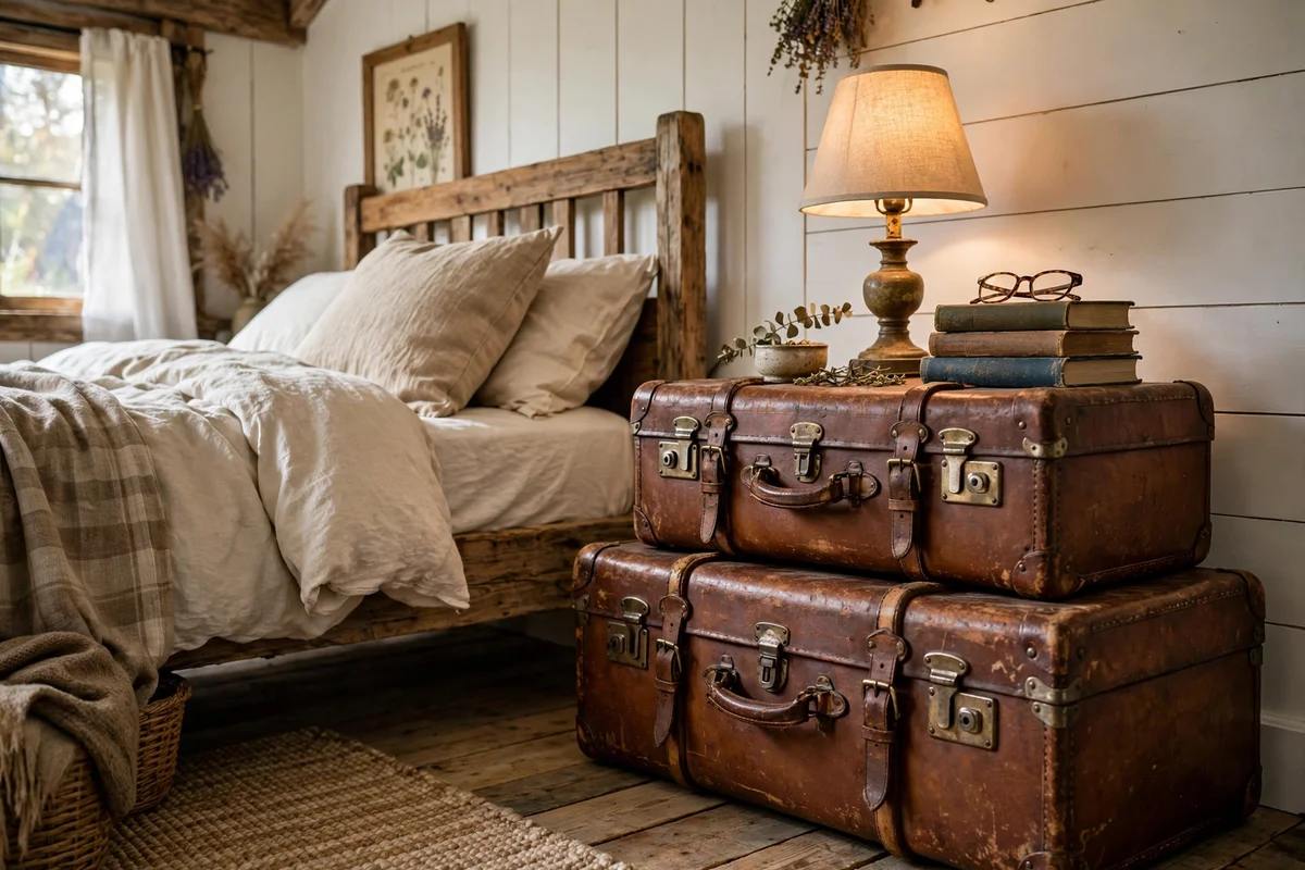 Stack of vintage suitcases used as side table in farmhouse bedroom