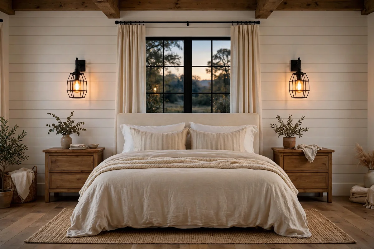 Wrought iron wall sconces flanking farmhouse bed