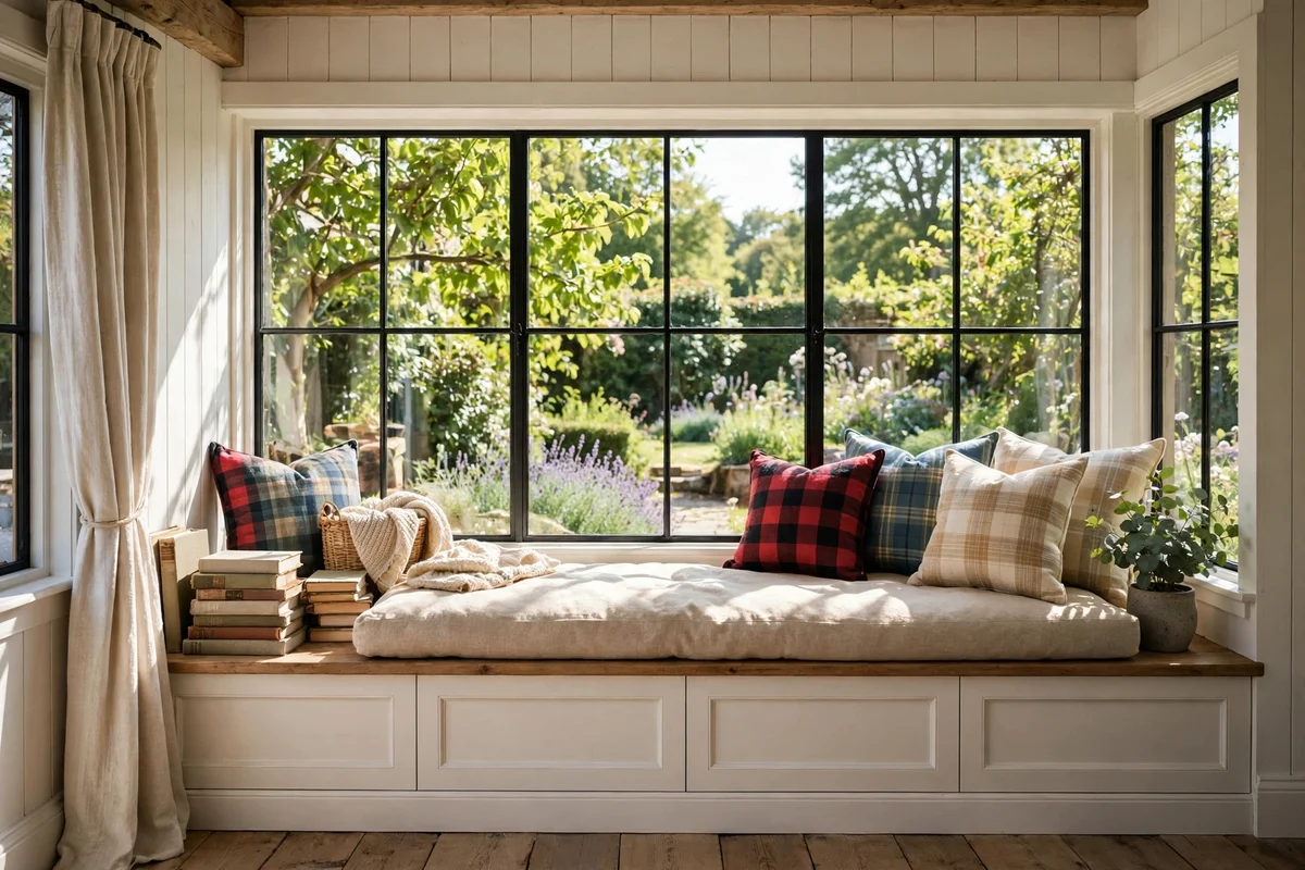 Cozy window seat with plaid cushions in farmhouse bedroom