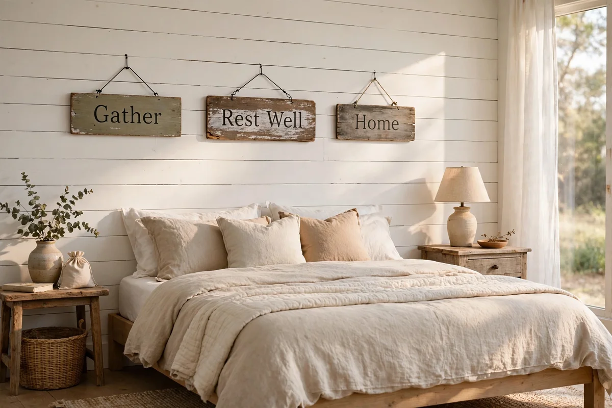 Rustic wooden farmhouse signs on bedroom wall
