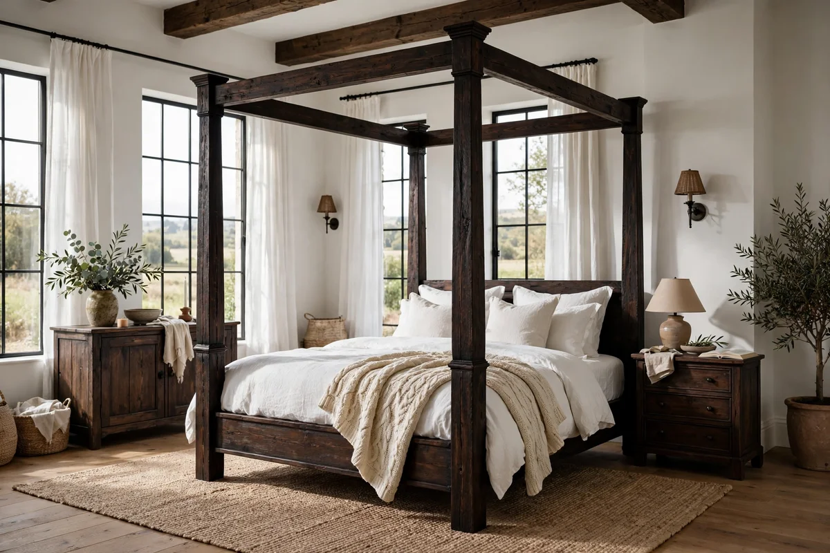 Four-poster farmhouse canopy bed in dark wood