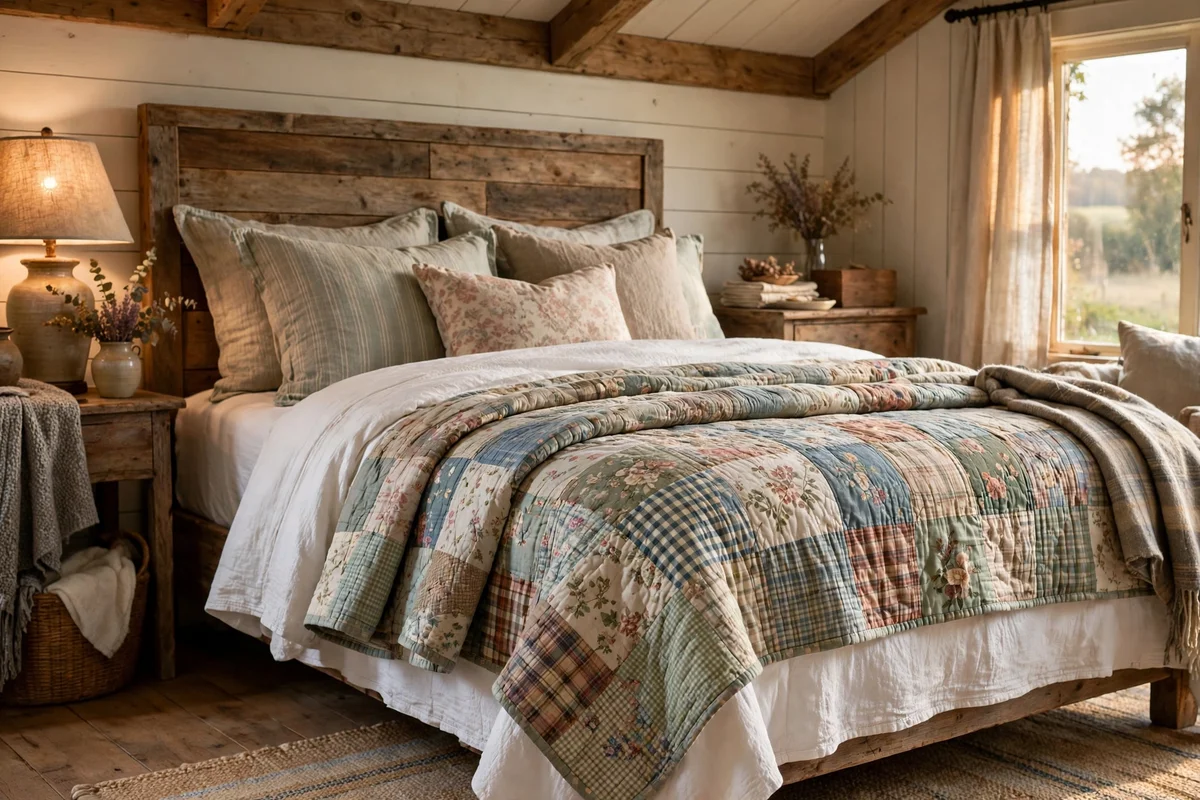 Farmhouse bed with layered quilts and coverlets