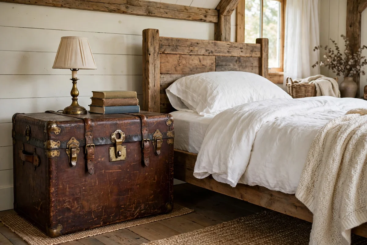 Antique trunk used as nightstand in farmhouse bedroom