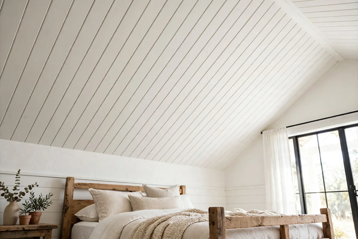 White shiplap ceiling in farmhouse bedroom