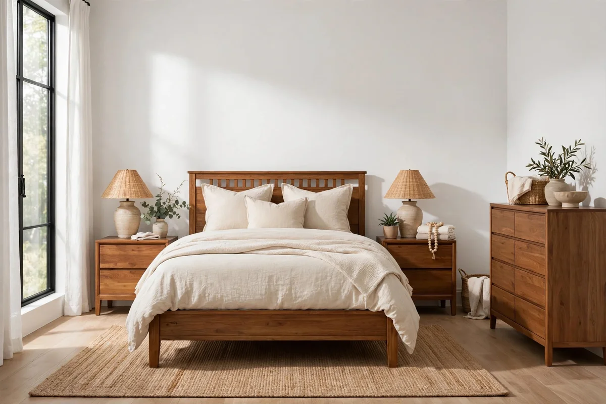 Farmhouse bedroom with warm wood furniture against white walls