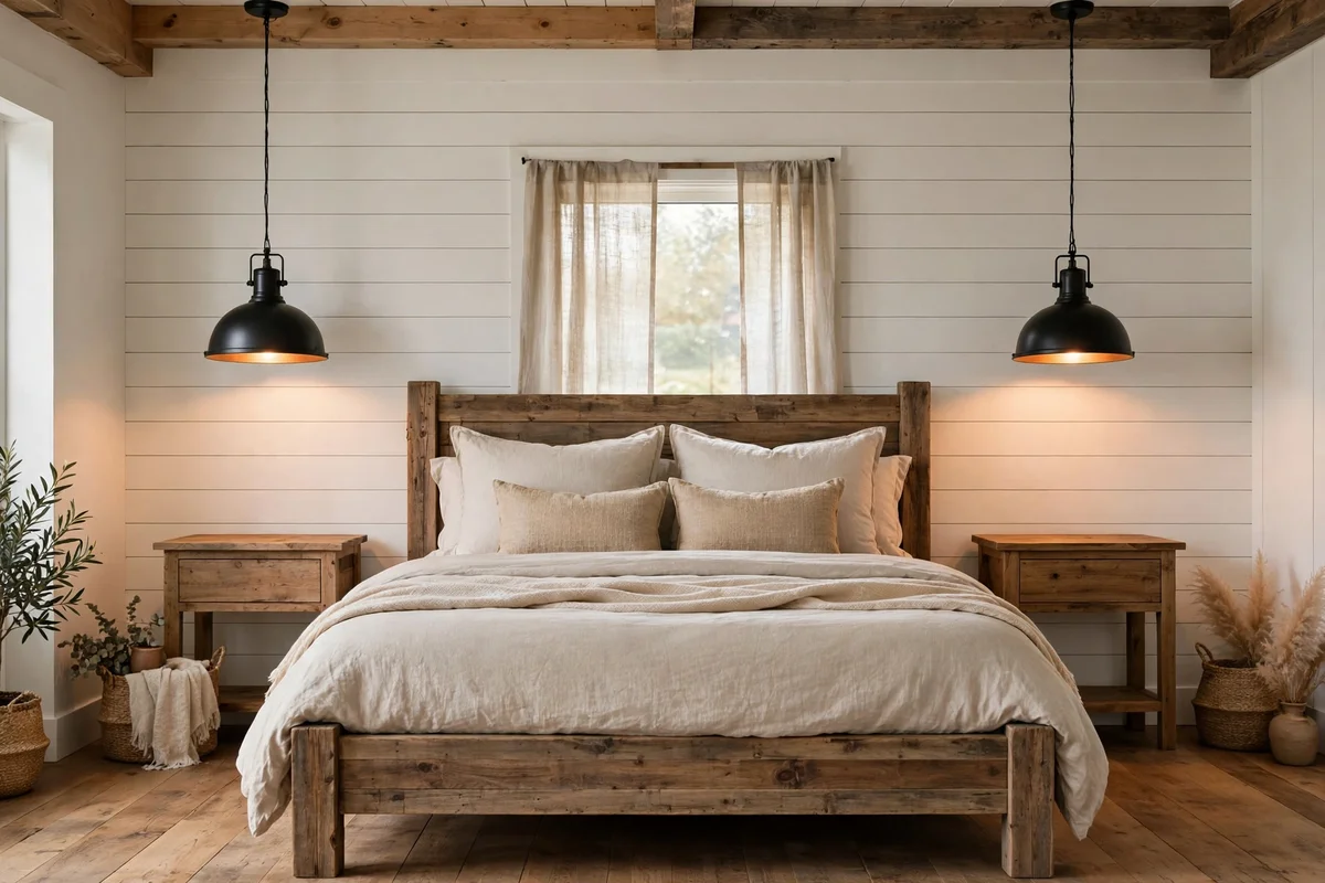 Farmhouse pendant lights hanging over nightstands
