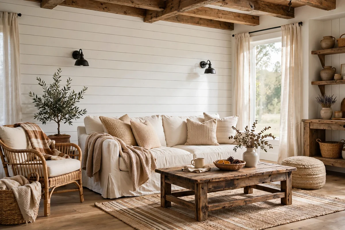 Modern farmhouse living room with white shiplap accent wall and linen sofa