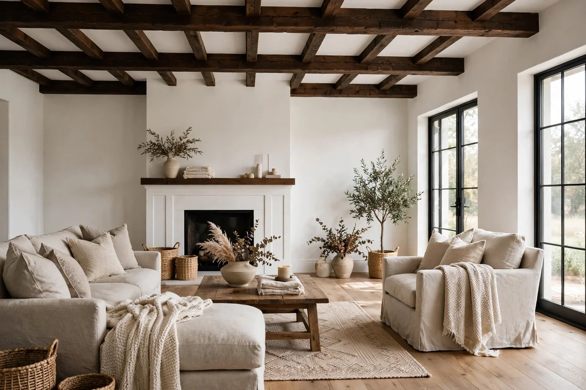 Farmhouse living room with exposed dark wooden ceiling beams