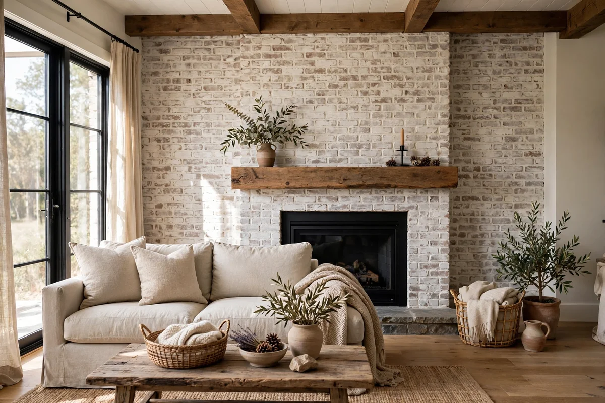Farmhouse living room with exposed whitewashed brick accent wall