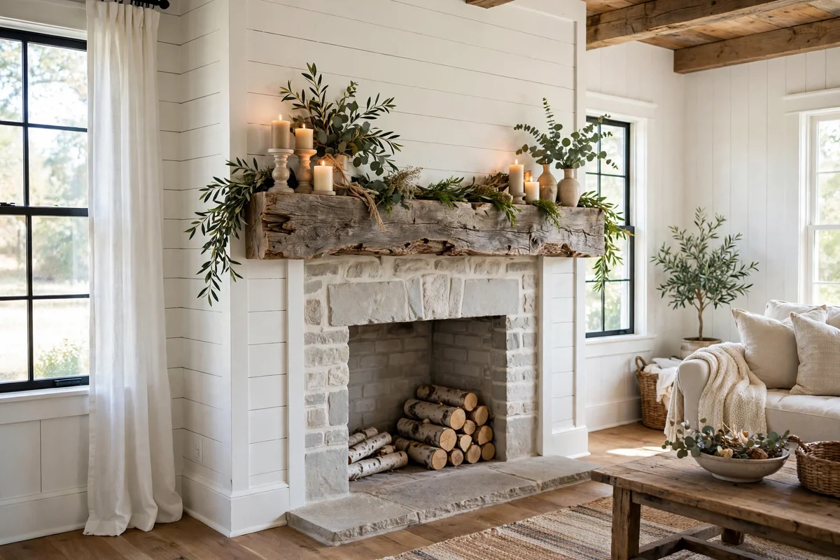 Reclaimed wood mantel on farmhouse fireplace with styled decor