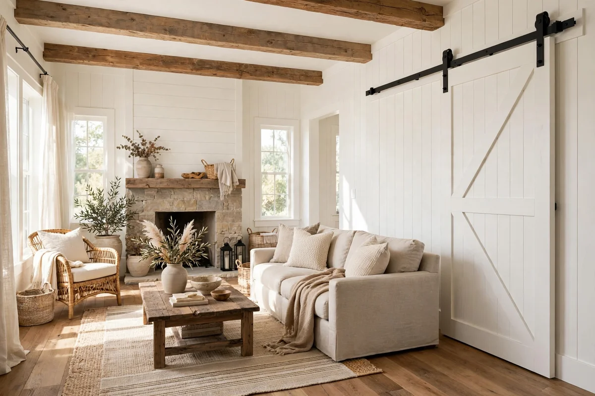 White sliding barn door with black hardware in farmhouse living room