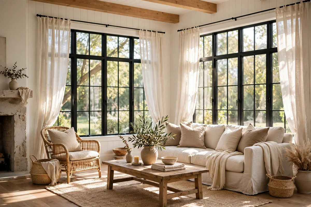 Bright farmhouse living room with large black-framed windows