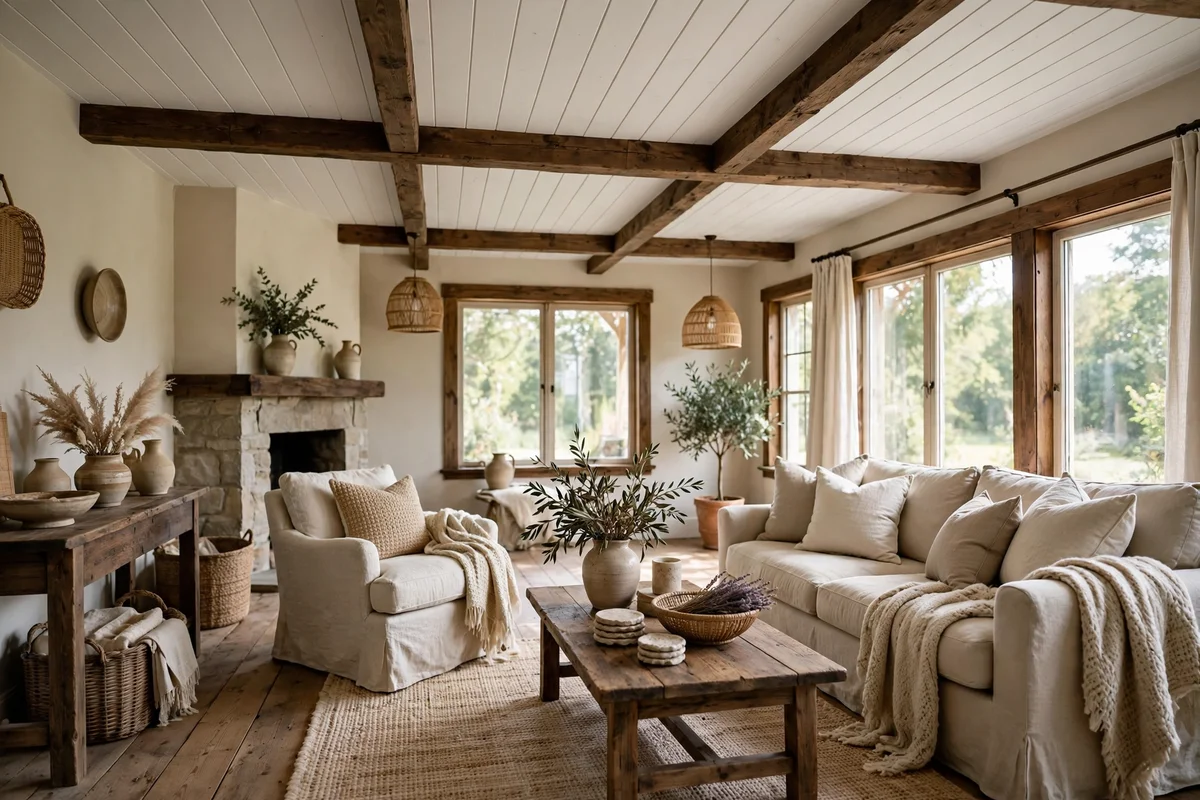 Farmhouse living room with white shiplap ceiling and wood beams