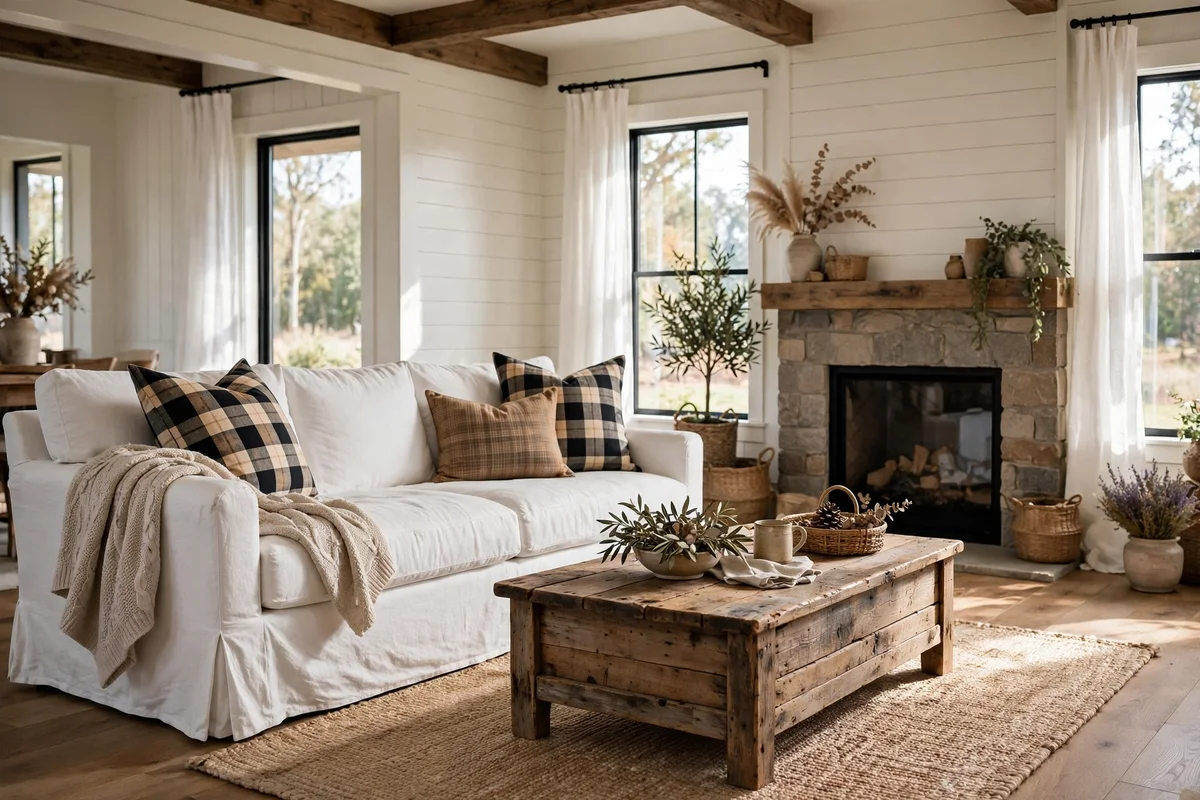 White slipcovered sofa in modern farmhouse living room
