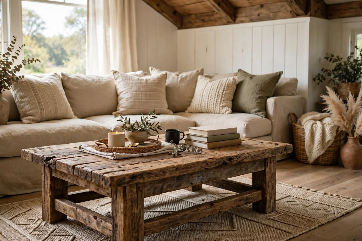 Reclaimed wood coffee table in farmhouse living room