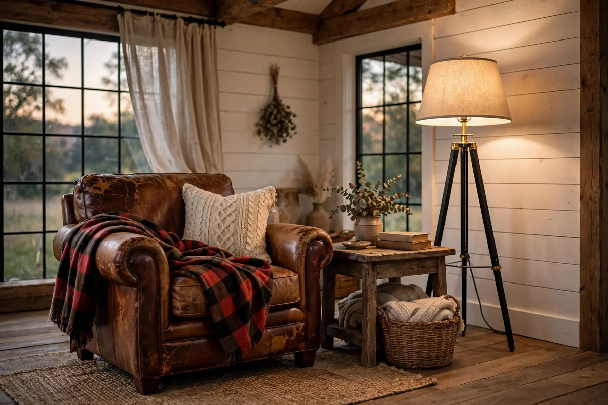 Distressed cognac leather armchair in farmhouse living room corner
