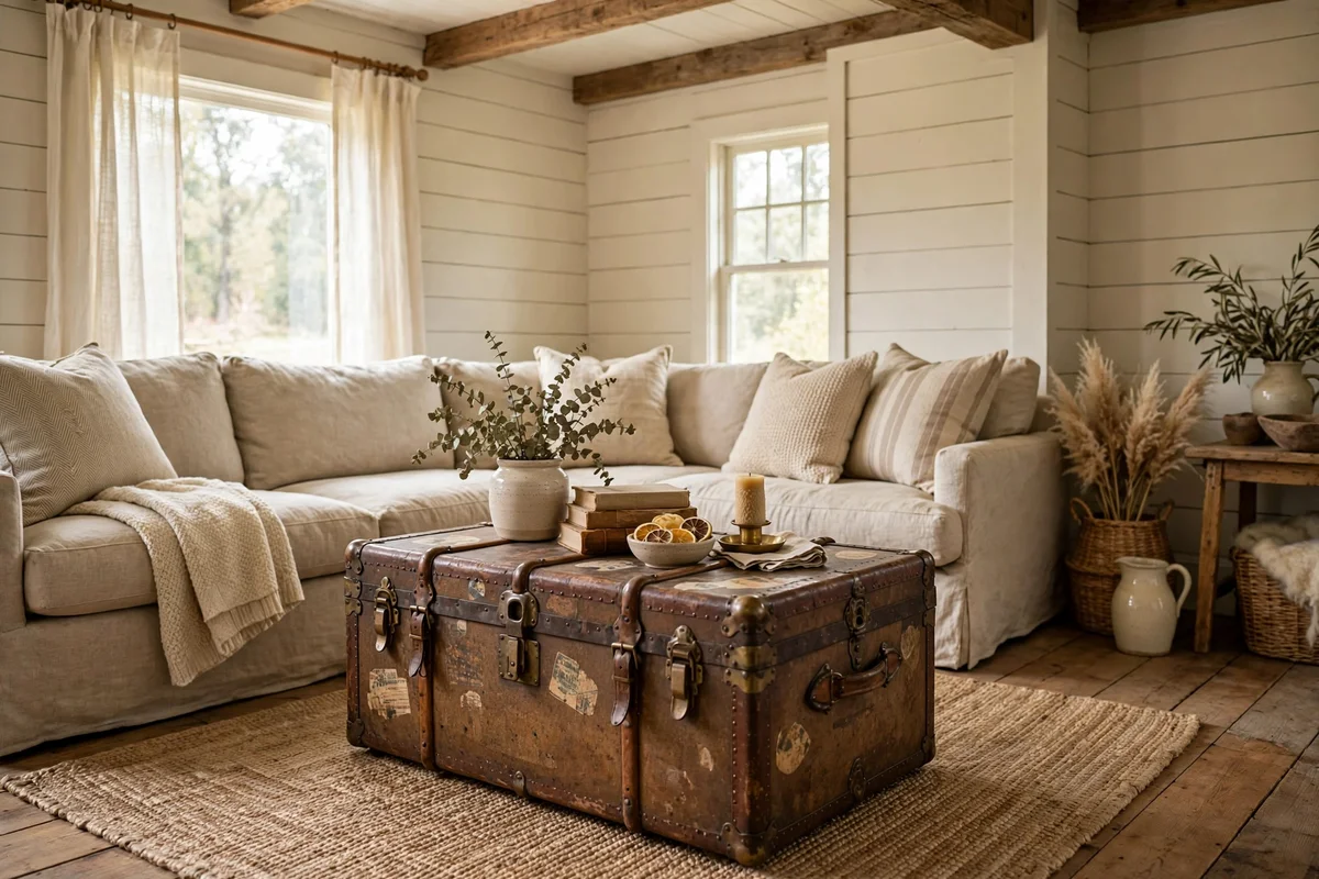 Vintage steamer trunk used as coffee table in farmhouse living room