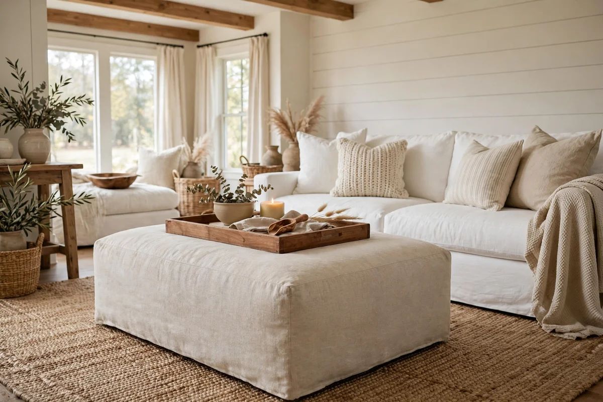 Oversized natural linen ottoman in farmhouse living room