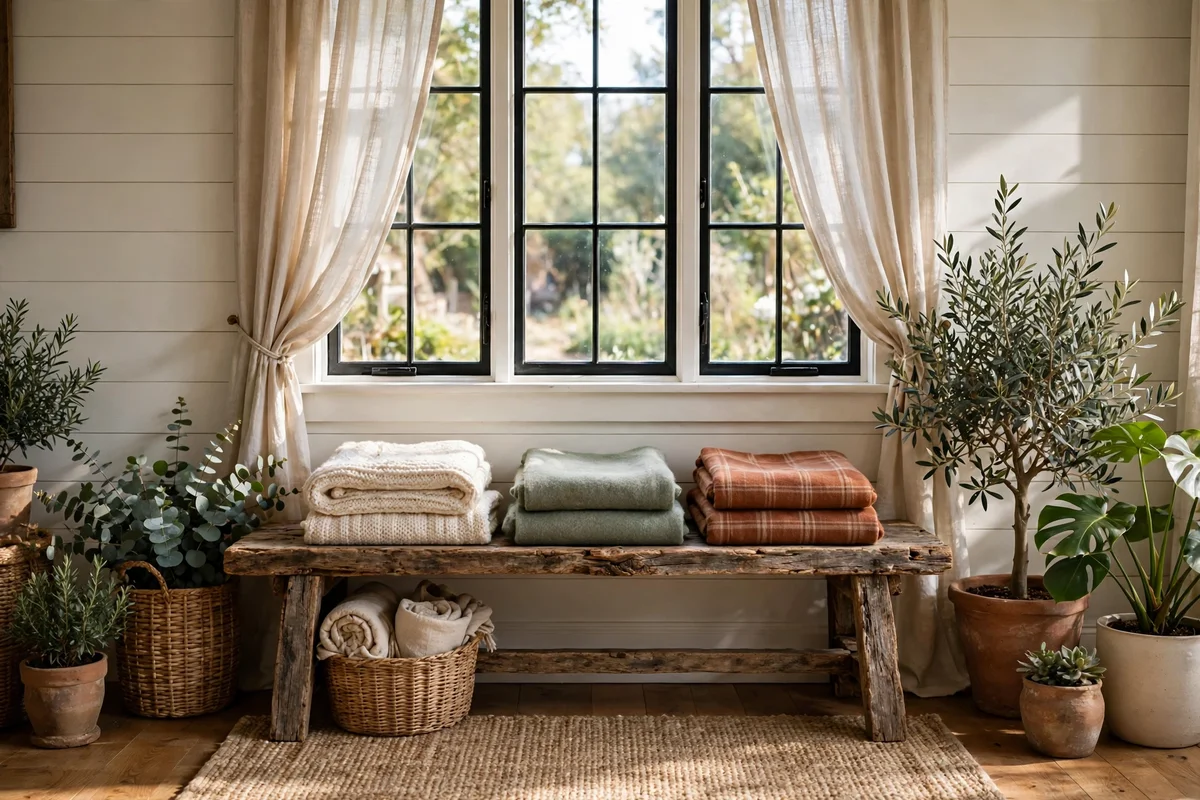 Rustic reclaimed wood bench in farmhouse living room