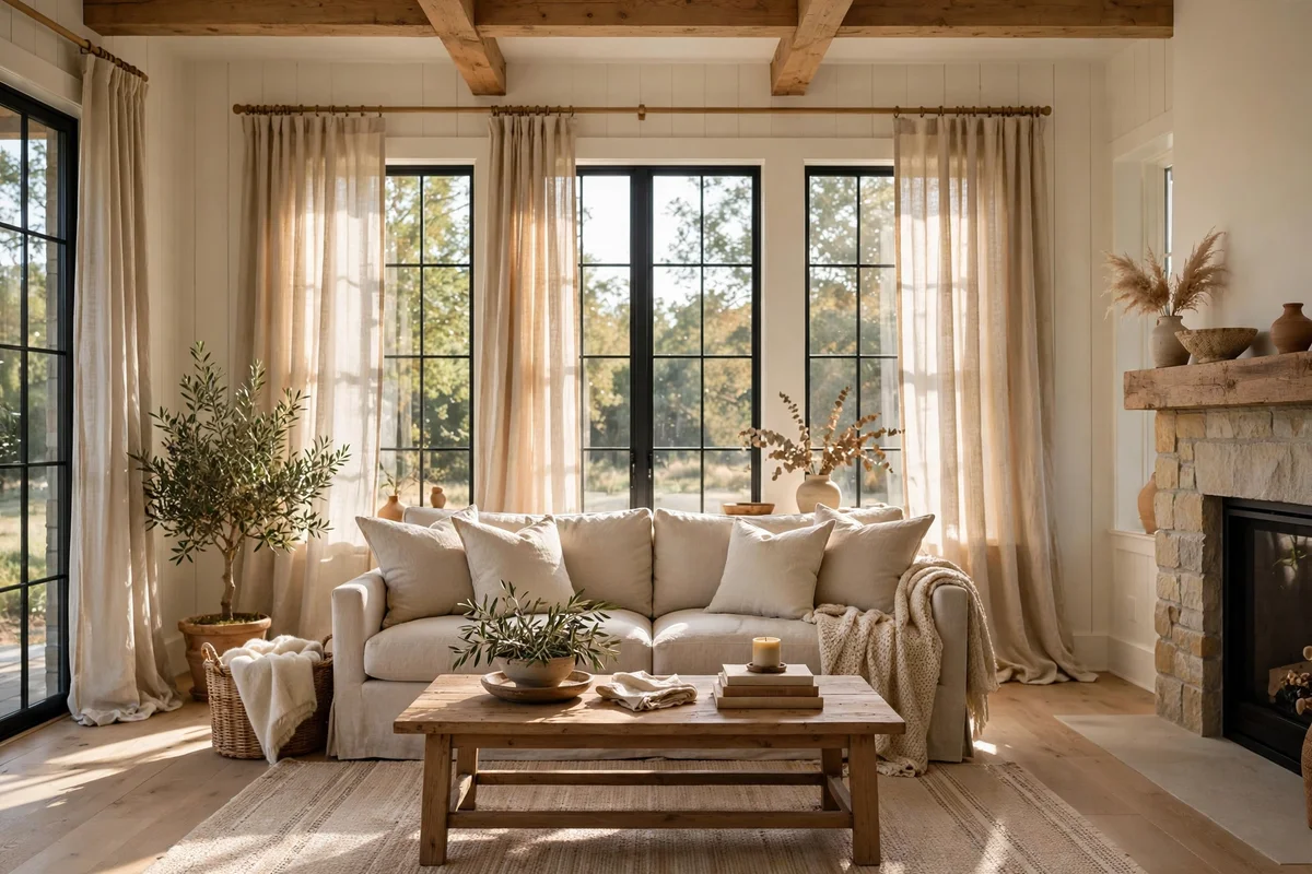 Natural linen curtains in bright farmhouse living room