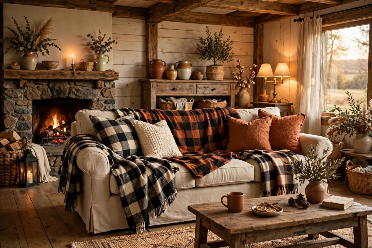 Plaid throw blankets draped on farmhouse sofa
