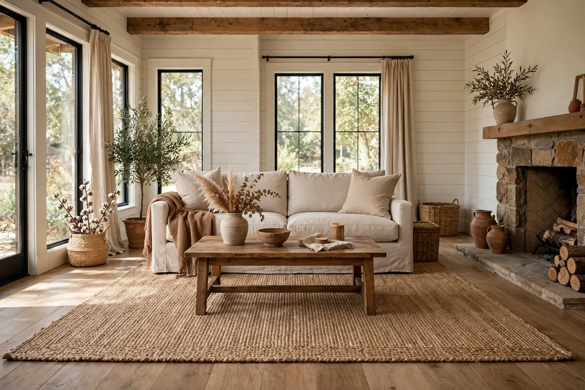 Natural jute area rug in farmhouse living room