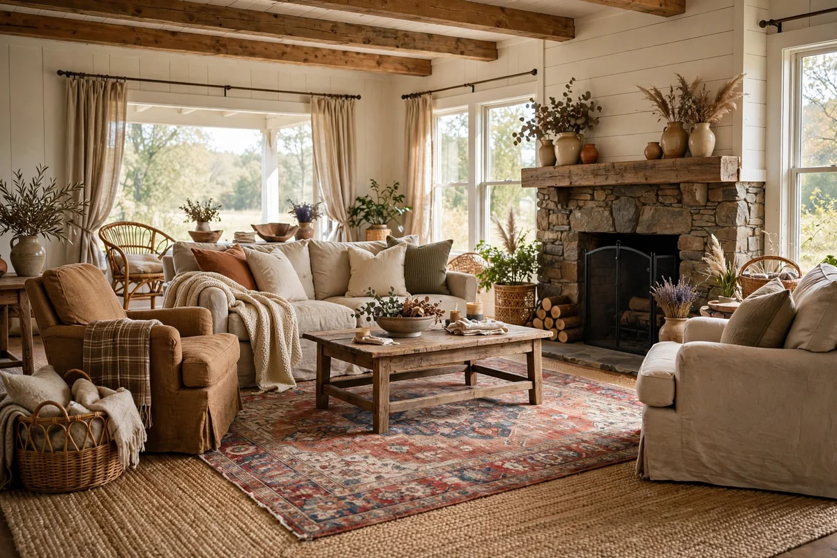 Layered jute and vintage rugs in farmhouse living room