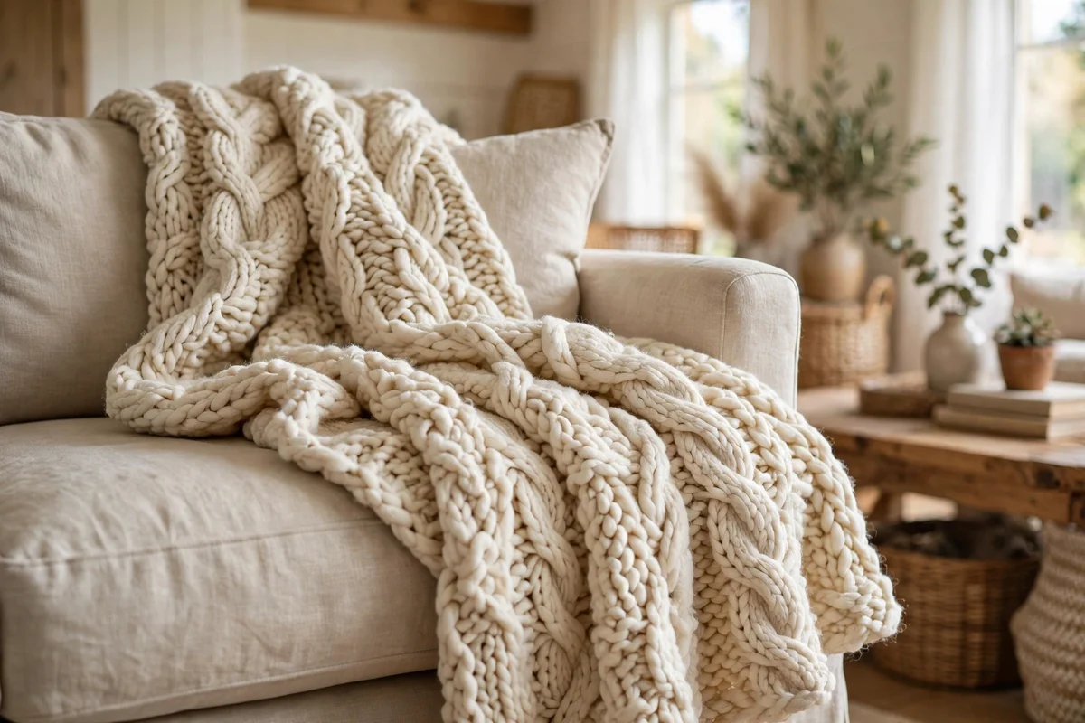 Chunky knit throw blanket on farmhouse sofa