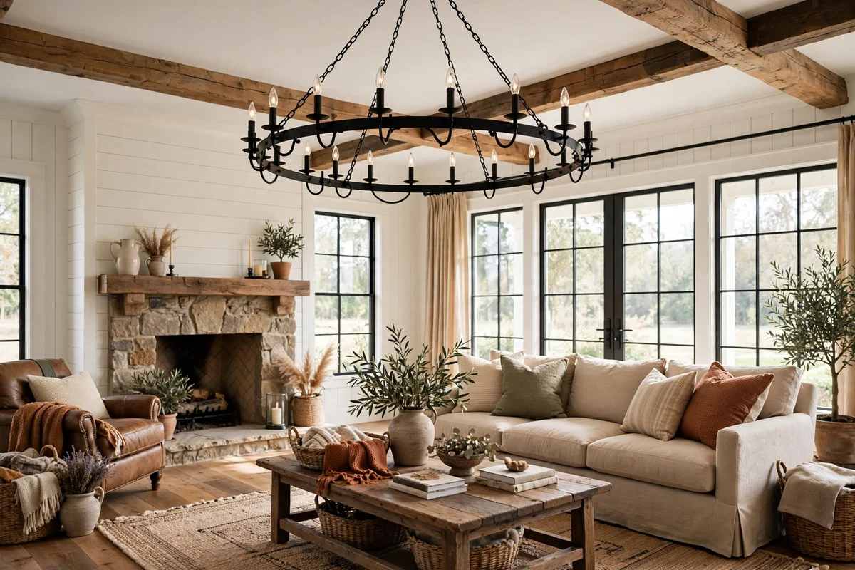Black wrought iron chandelier in farmhouse living room