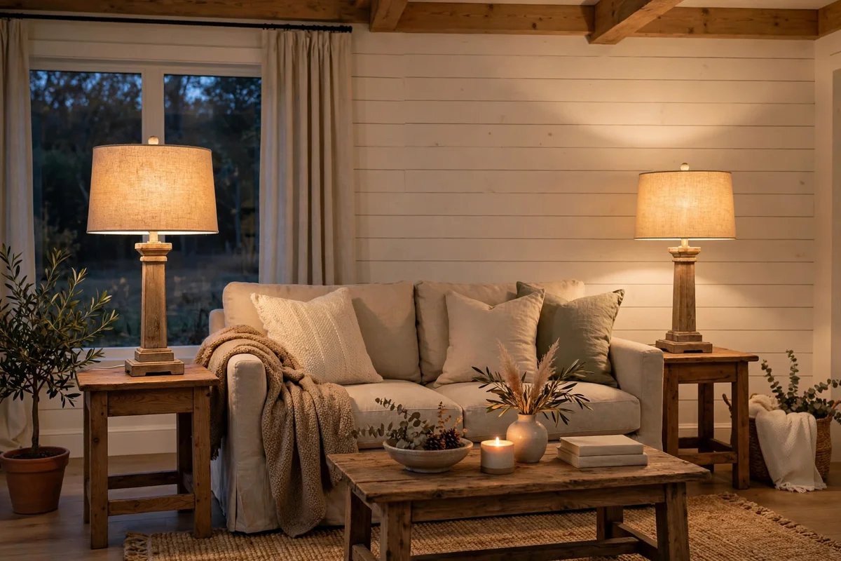 Farmhouse table lamps with linen shades on side tables