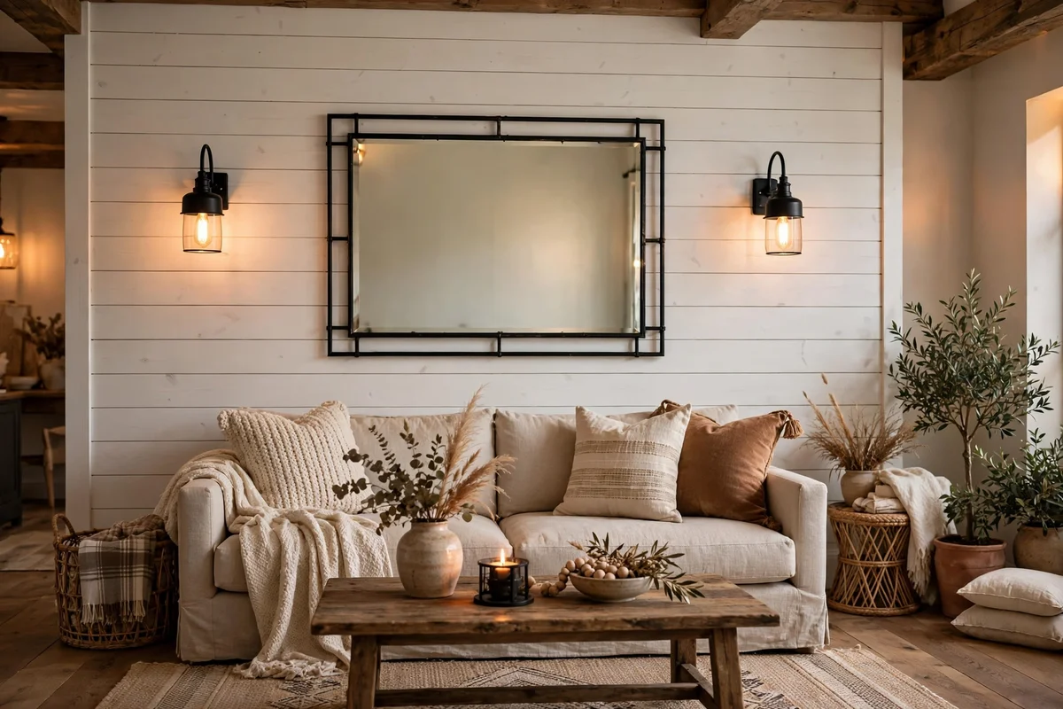 Rustic black metal wall sconces in farmhouse living room